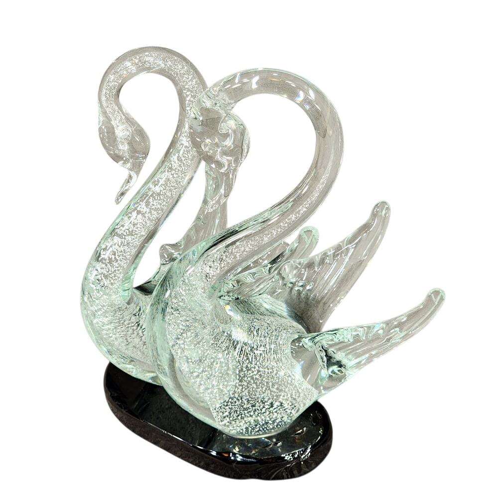 Murano Art Glass Swans Silver Flecks Bullicante Figurine c60s Italy 9" Pair Vtg